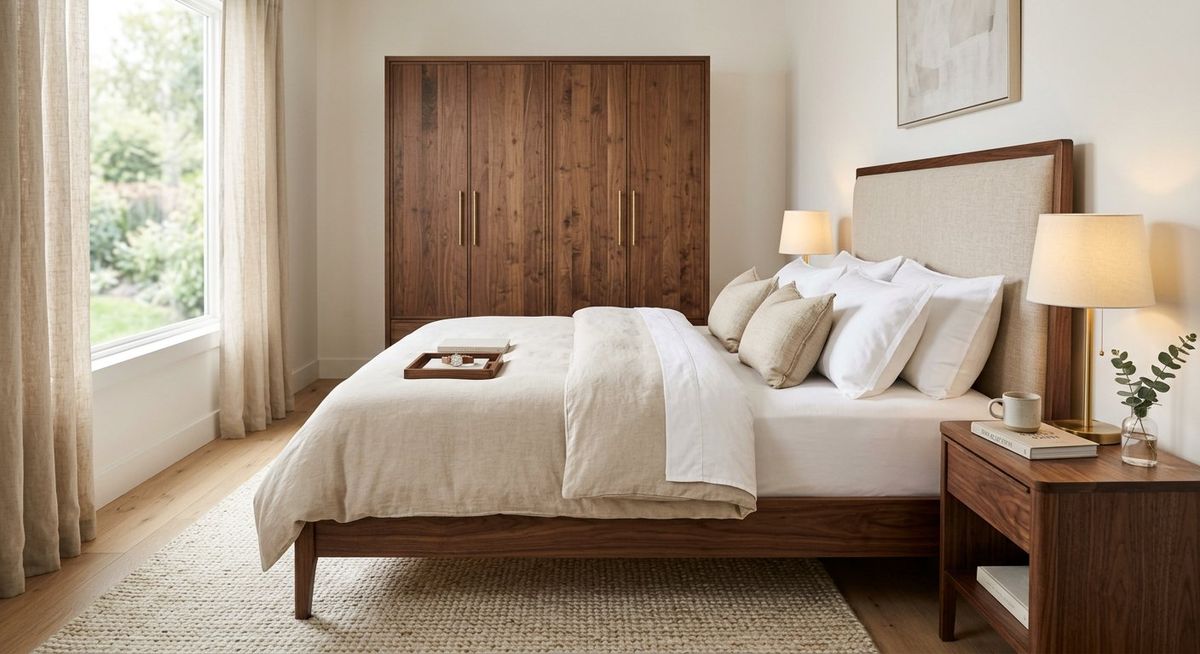 Calm bedroom inspiration in warm solid wood tones