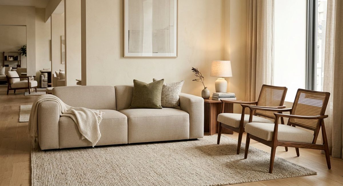 Living room inspiration in walnut, cane and ivory